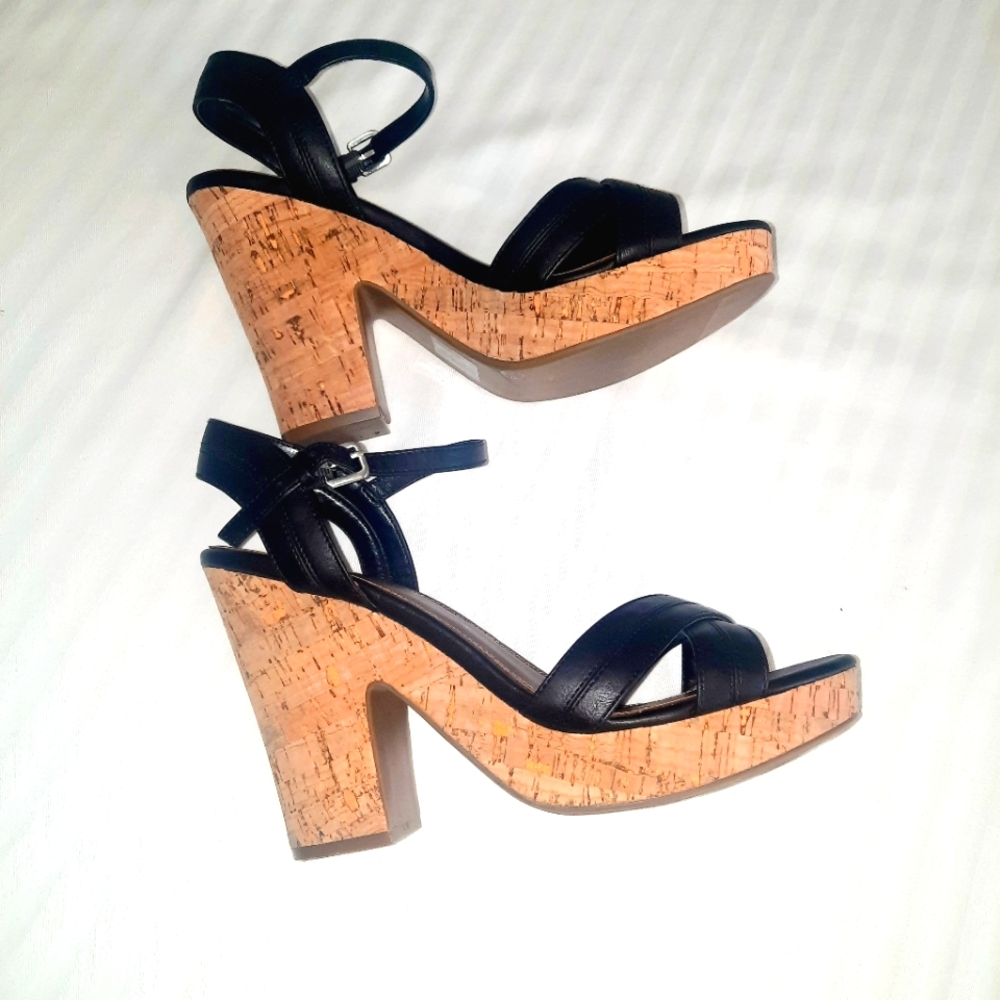 Black Ankle Strap Platform Sandals With Cork Heel Size 9M
